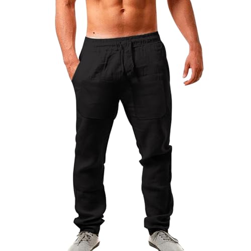 Herren Leinenhose Lang Leicht Sommerhose - Loose Fit Freizeithose Atmungsaktive Strandhose - Elastischer Bund Mit Kordelzug Stoffhose Yogahose Jogginghose Loungewear FüR Urlaub Strand Alltag von Generisch