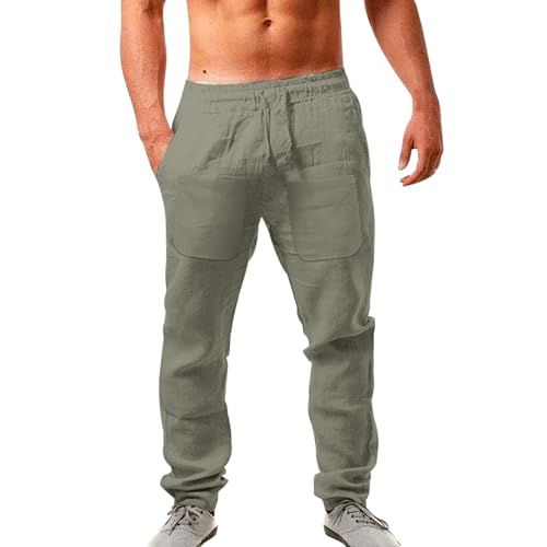 Herren Leinenhose Lang Leicht Sommerhose - Loose Fit Freizeithose Atmungsaktive Strandhose - Elastischer Bund Mit Kordelzug Stoffhose Yogahose Jogginghose Loungewear FüR Urlaub Strand Alltag von Generisch
