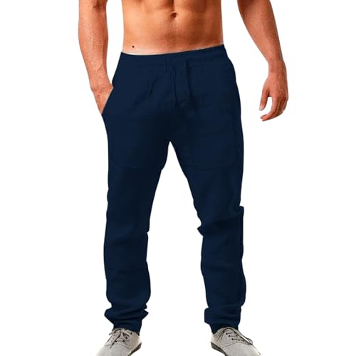Herren Leinenhose Lang Leicht Sommerhose - Loose Fit Freizeithose Atmungsaktive Strandhose - Elastischer Bund Mit Kordelzug Stoffhose Yogahose Jogginghose Loungewear FüR Urlaub Strand Alltag von Generisch