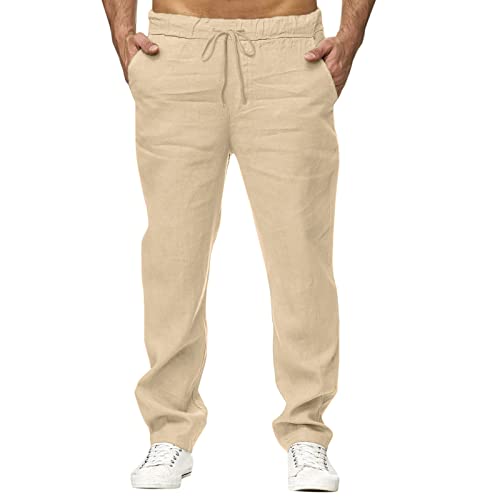 Herren Leinenhosen Lange Leichte Sommerhosen Lockere Freizeithosen Urlaub Strand Tägliche Freizeithosen Baggy Bequeme Einfarbige Hosen Relaxhose Herren Sommer Baumwolle Herrenhose (Khaki-d, M) von Generisch