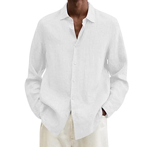 Herren Loose Fit Langarm Leinen-Baumwollhemd für Sommer Casual Strand Hochzeit Party Oversized Shirts Einfarbig Atmungsaktiv Button Down Casual Tops Leichte Hawaiihemd Bügelfrei Arbeitshemden, weiß von Generisch
