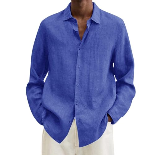 Herren Loose Fit Langarm Leinen-Baumwollhemd für Sommer Casual Strand Hochzeit Party Oversized Shirts Einfarbig Atmungsaktiv Button Down Casual Tops Leichte Hawaiihemd Bügelfrei Arbeitshemden, blau von Generisch