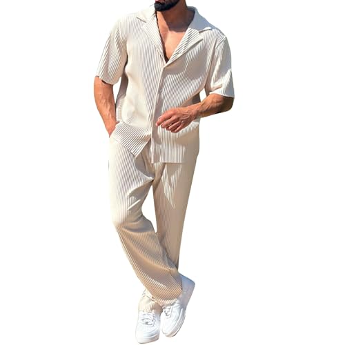 Herren-Loungewear-Set, 2-teilig, Activewear-Outfit-Set, lässig, mit Knopfleiste, vertikal gestreift, einfarbig, Revers, T-Shirt, Baggy, bequem, atmungsaktiv, Strandhose mit Taschen, Strand-Co-Ord-Sets Herren-Loungewear-Set, 2-teilig, Activewear-Outfit-Set, lässig, mit Knopfleiste, vertikal gestreift, einfarbig, Revers, T-Shirt, Baggy, bequem, atmungsaktiv, Strandhose mit Taschen, Strand-Co-Ord-Sets von Generisch