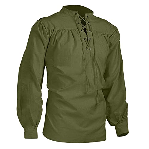 Herren Mittelalter Hemd Tunika Leinenhemd Langarm Retro Kragen mit Schnürung Piratenhemd Vintage Renaissance Stehkragenhemd Viktorian Steampunk Kostüm Gothic Shirt Bluse Freizeithemden von Generisch