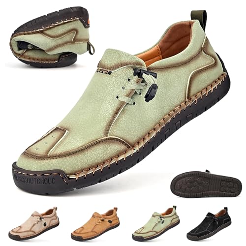Herren-Mokassins, Leder, Handnähte, Schnürschuhe, leicht, atmungsaktiv, rutschfest, weiche Unterseite, lässige Fahrschuhe, grün, 46 EU von Generisch