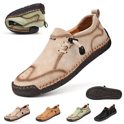 Herren-Mokassins, Leder, Handnähte, Schnürschuhe, leicht, atmungsaktiv, rutschfest, weiche Unterseite, lässige Fahrschuhe, khaki, 46 EU von Generisch