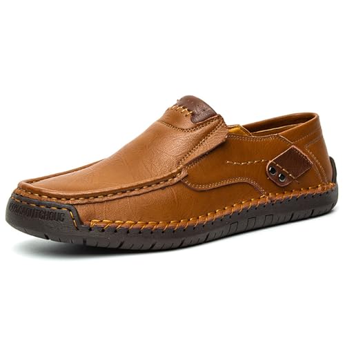 Herren-Mokassins aus Leder, leger, handgenäht, rutschfest, leicht, flexibel, flach, zum Wandern, Fahren, Oxfords, hellbraun, 42.5 EU von Generisch