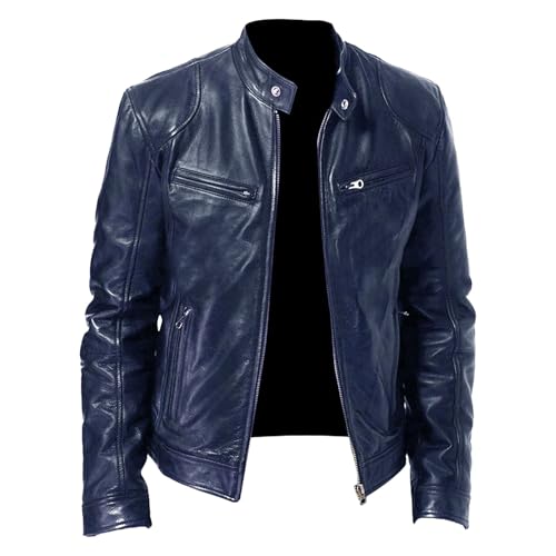 Herren-Motorrad-Bomberjacke aus Kunstleder, mit Reißverschluss, Stehkragen, Lederjacke, navy, 5XL von Generisch
