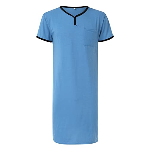 Herren-Nachthemd-Shorts: einfarbiges kurzärmeliges Hemd, atmungsaktiv, locker, kurzärmelig, hautfreundlicher Schlafanzug, Herren-T-Shirt, Herren-Nachthemden, Baumwolle, kurzärmelig, blau, XXXL von Generisch