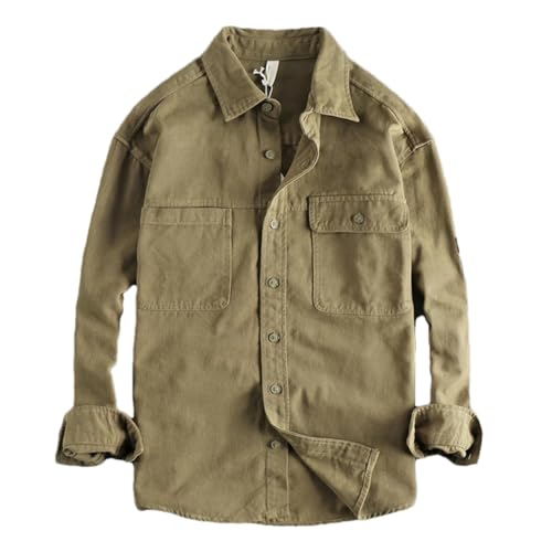 Herren Old Wash Vintage Hemd Langarm Freizeithemd Japanischer Stil Button Down Shirts, khaki, XL von Generisch