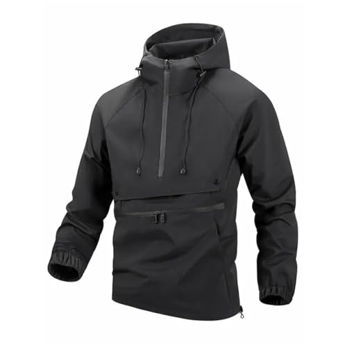 Herren-Outdoor-Jacke mit doppeltem Reißverschluss, solide, verstellbarer Kordelzug, Camping-Reisejacke, Cargo-Mantel, Schwarz , XL von Generisch