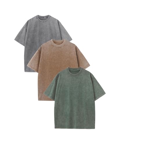 Herren Oversized Baumwolle Vintage Distressed T-Shirts Retro Lose Acid Washed T-Shirt Street Trend Batik Schulterfrei Top, 3 Stück, K, 3XL von Generisch