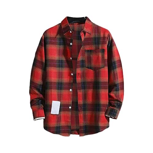 Herren Plaid Flanellhemden Langarm Freizeithemd für Männer Mode Button Down Revers Kragen Hemd Tops Loose Fit Kariert Plaid Hemden mit Brusttasche Kariert Tartan Hemd für Alltag, rot, 3XL von Generisch