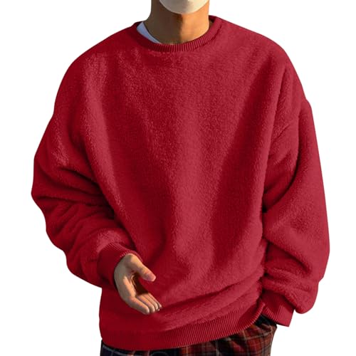 Herren Plüsch Pullover Teddy-Fleece Oberteile Oversize Sweatshirt Fuzzy Plüsch Teddy Pulli Tops für Herbst Winter (01 Rot, 5XL) von Generisch