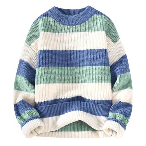 Herren Pullover Herbst Winter Strickpullover Langarm Pullover Sweatshirt Casual Oversized Tops Strickwaren Colorblock Tops Strickwaren Übergröße Rundhals Tops, Blau - 05, XXL von Generisch