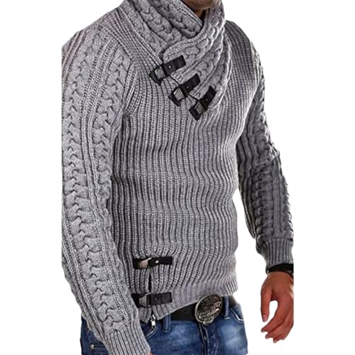 Herren Pullover Langarm Leder Schnalle Strickpullover Top Pullover Sweater, hellgrau, S von Generisch