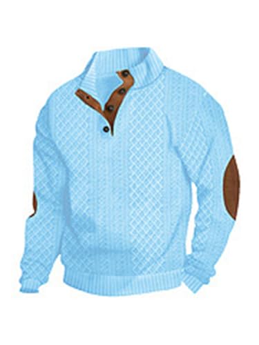 Herren-Pullover mit 1/4-Knöpfen, modischer Stehkragen, Zopfstrickpullover, lässig, langärmelig, Ellenbogen-Patch-Pullover, blau, L von Generisch