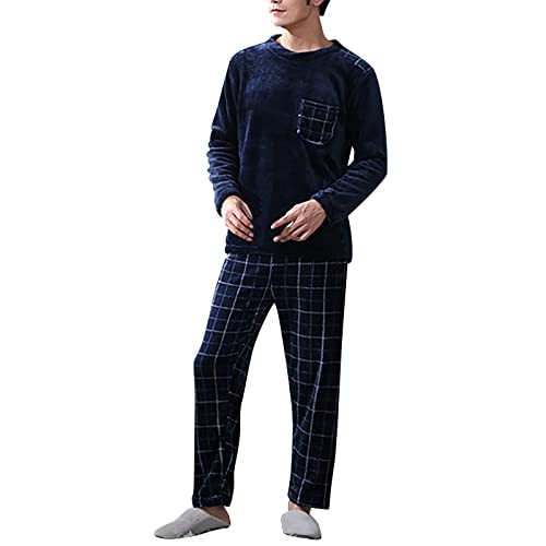 Herren Pyjama Lang Schlafanzug Set Winter Warm Fleece Zweiteiliger Nachtwäsche Rundhals Männer Langarm Oberteil und Karierte Schlafanzughose Weich Flanell Schlafanzüge Loungewear Teenager Jungen von Generisch