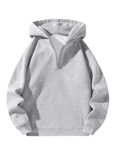 Herren Regular Fit Solid Half Zip Drop Shoulder Essentials Hoodie Quarter Zip Hoodies Oversized Pullover Loose Fit Sweatshirt, grau, S von Generisch