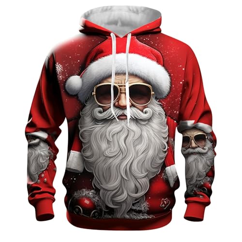 Ugly Christmas Weihnachtspullover Herren Langärm Weihnachtsmann Hirsch Drucken Mit Tasche Kordelzug Hoodie Lustig Weihnachtspulli Rundhals Strickpullover mit Schneeflocke für Weihnachten Party von Generisch