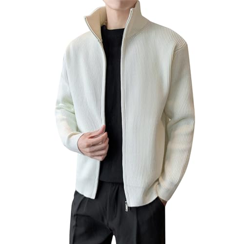 Herren Rollkragenpullover Zip Pullover Half Zip Pullover Arbeitspullover Strickpullover Arbeitspullover Atmungsaktive Pullover Fleecepullover Pullover Rundhals Gestreifter Tops (White, L) von Generisch