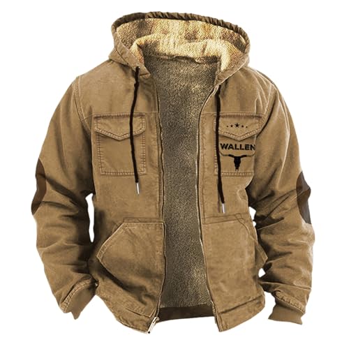 Herren Skijacke Winter Verdickt Doppel Western Cowboy 3D Gedruckt Kapuze Warme Baumwolljacke Wintermantel Herren Gelb (Khaki, XS) von Generisch