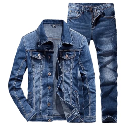 Herren Slim Denim Jacke und Hose Zweiteiliges Set Frühling Herbst Jeans Anzug, dunkelblau, L von Generisch
