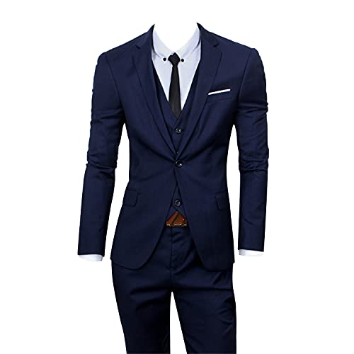 Herren Slim Fit 3-Teiliger Anzug,Ein-Knopf-Einfarbige Jacke Weste Hosen Set Mit Krawatte?Slim Fit Premium Smoking Weste Hosen & Krawatte Set (L,Navy Blau) von Generisch