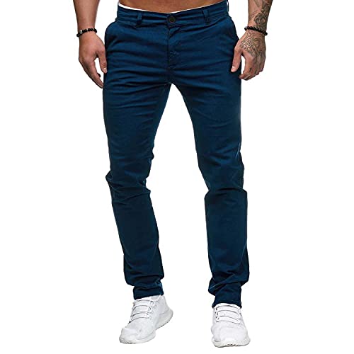 Herren Slim Fit Gerade Hose für Männer Beiläufig Einfarbig Hose Konische Hosen Dünne flache Front Chinos Anzughose (L,Navy Blau) von Generisch