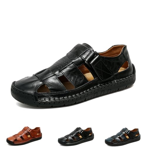 Herren Stilvolle Leder Hohl Sandalen Herren Geschlossene Zehe Leder Kleid Sandalen Rutschfeste Outdoor Wanderschuhe Sommer Anti-Rutsch Strand Sandale mit Verstellbarem Riemen, Schwarz , 45 EU von Generisch