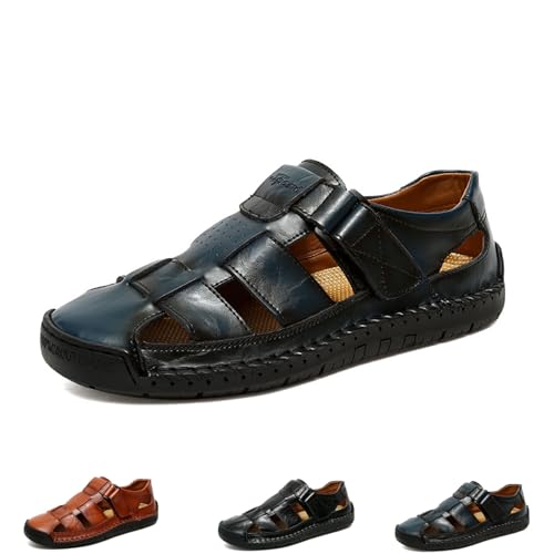 Herren Stilvolle Leder Hohl Sandalen Herren Geschlossene Zehe Leder Kleid Sandalen Rutschfeste Outdoor Wanderschuhe Sommer Anti-Rutsch Strand Sandale mit Verstellbarem Riemen, blau, 45 EU von Generisch