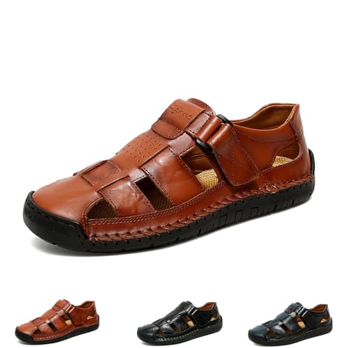 Herren Stilvolle Leder Hohl Sandalen Herren Geschlossene Zehe Leder Kleid Sandalen Rutschfeste Outdoor Wanderschuhe Sommer Anti-Rutsch Strand Sandale mit Verstellbarem Riemen, braun, 45 EU von Generisch