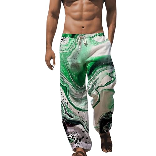 Herren Strandhose Leicht Freizeithose Herren Lang Bunt Schlupfhose Atmungsaktiv Schnürhose mit Gummizug Sporthose Loose Fit Sommerhose Patchwork, Grün 2, XL von Generisch