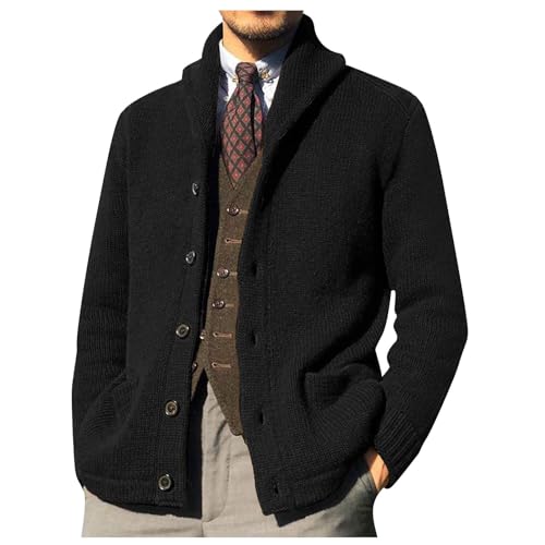 Herren Strickjacke, Winter Trachtenjacke Gestrickt Cardigan Wintermantel Dünne Strickjacke Mit Taschen Trachten Janker Cardigan Schwarz Baumwolle Weste Langarm Cardigan Pullover (XL, Schwarz) von Generisch