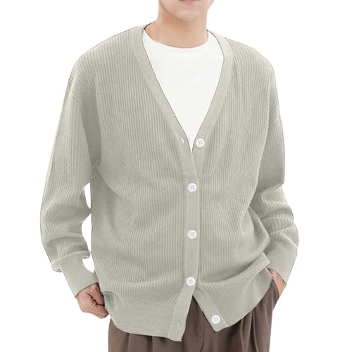 Herren Strickjacke Sommer Dünn Herren-Cardigan mit Retro-Streifen, lockeres Strickhemd für Herren Herren Hausjacke Sportliche Gestrickte Strickjacke (Grey, L) von Generisch