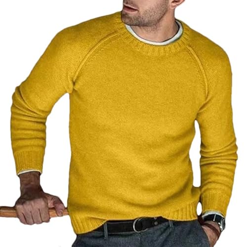 Herren Strickpullover mit Rundhalsausschnitt, langärmelig, lässig, einfarbig, Pullover, 05 Gelb, XXL von Generisch