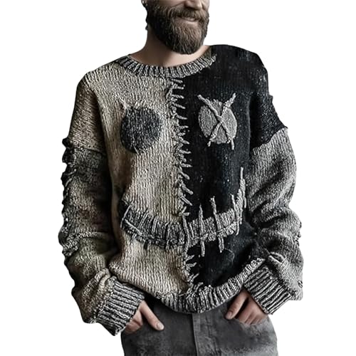 Herren-Sweatshirt, Halloween, gruseliges Gesicht, gemütlich, gestrickt, Rundhalsausschnitt, lustiger Kürbisgesicht, langärmeliger Pullover, Halloween-Sweatshirt für Herren, grau, 4XL von Generisch