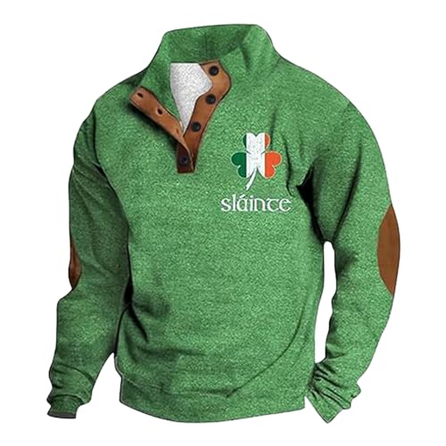 Herren Sweatshirt Langarm St. Patrick's Day Grünem Kleeblatt Druck Knöpfen Stehkragen Pullover Button Down Henley Shirts Loose Henleyshirt Irland Festliche Kostüm Langarm Pulli Lockere Langarmshirt von Generisch
