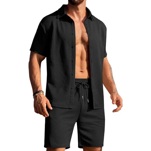 Herren T-Shirt Shorts 2 Stück Sets Einfarbig Trainingsanzug Sets Sommer Strand Button Down Kurzarm Shirt Elastische Taille Kordelzug Shorts mit Taschen Outfits Smart Casual Suits Co Ord Set, Schwarz von Generisch