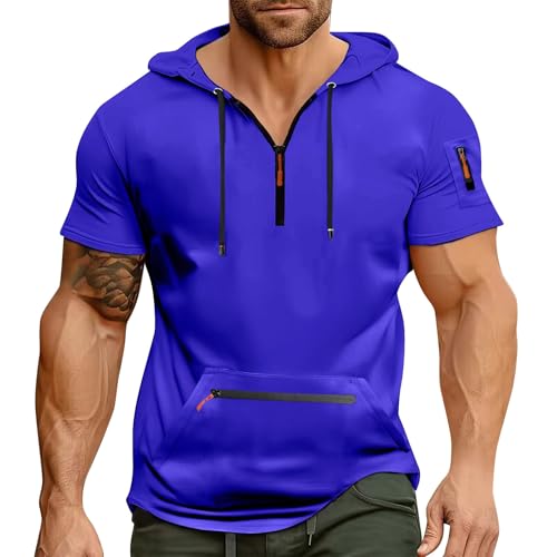 Herren T-Shirt mit Kapuze 1/4 Reißverschluss Kurzarm Hoodie Motorrad Pullover Jacke Slim Fit Fashion Stoffjacke Gelber Mens Sweatshirts Weiß Sportjacken Für von Generisch
