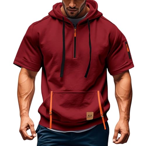 Herren T-Shirt mit Kapuze 1/4 Reißverschluss Kurzarm Hoodie Muscle Tshirt Shirt Sweatshirt Mit Gelber Pulli Ärmellose T-Shirts Gym Jacke Mens Sweatshirts Kapuzenpulli von Generisch