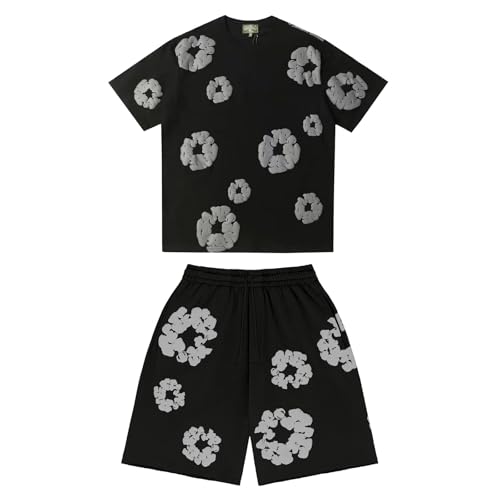 Herren T-Shirt und Shorts Set 2 Teiliges Sommer Trainingsanzug Jogginganzug,Y2K Hip Hop Kurzarm T-Shirts und Hose, Unisex Sommer 2-Teilig Outfit Sportanzug, denimJogginganzug Männer mit Blumen von Generisch