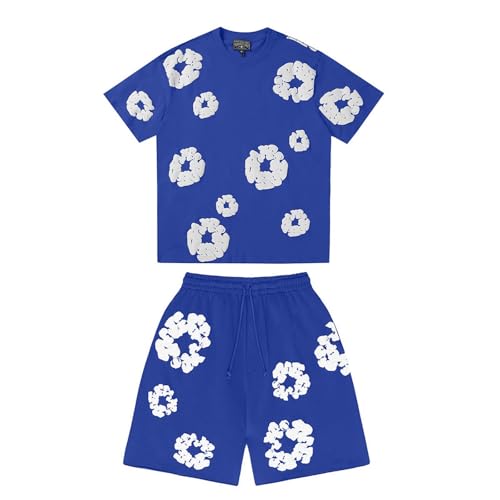Herren T-Shirt und Shorts Set 2 Teiliges Sommer Trainingsanzug Jogginganzug Y2K Hip Hop Streetwear Kurzarm T-Shirts und Kurze Hose, Zweiteiler Herren Damen Blumen Motiv Outfits Sportanzug Blau XL von Generisch