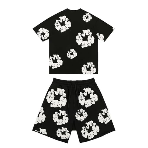 Herren T-Shirt und Shorts Set 2 Teiliges Sommer Trainingsanzug Jogginganzug Y2K Hip Hop Streetwear Kurzarm T-Shirts und Kurze Hose, Zweiteiler Herren Damen Blumen Motiv Outfits Sportanzug Schwarz XS von Generisch