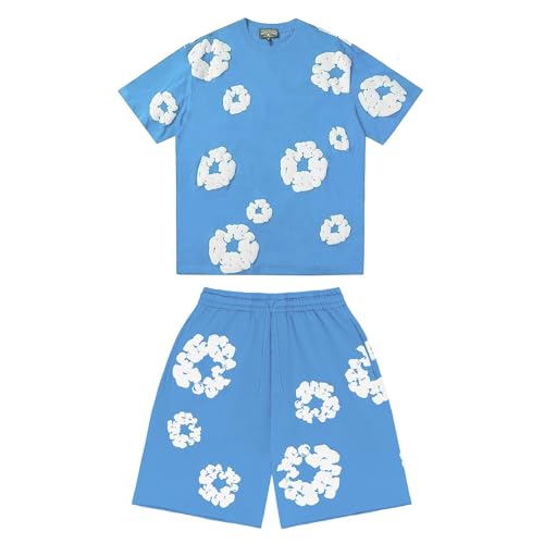 Herren T-Shirt und Shorts Set Zweiteiler Sommer Outfit Loose Sport Kleidung Trainingsanzug Jogginganzug Kurzarm Rundhals Y2K Hip Hop Damen Baumwollkranz Druck Hausanzug Freizeitanzug Loungewear von Generisch