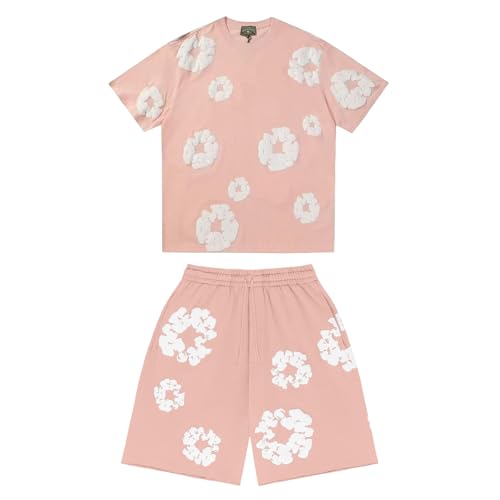 Herren T-Shirt und Shorts Set Zweiteiler Sommer Outfit Loose Sport Kleidung Trainingsanzug Jogginganzug Kurzarm Rundhals Y2K Hip Hop Damen Baumwollkranz Druck Hausanzug Freizeitanzug Loungewear von Generisch