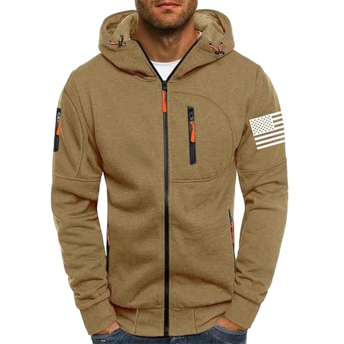 Herren Tactical Zip Up Hoodie Military Inspired Fleece Sweatshirt mit Arm Patch Casual Slim Fit Kapuzenjacke Leichter Utility-Hoodie mit Brusttasche Stilvoller robuster Outdoor-Pullover, khaki, 3XL von Generisch