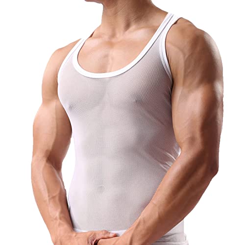 Herren Tank Top Durchsichtig Unterhemd Netzstruktur Muskelshirts Sexy Transparent T Shirt Streetstyle Netzhemd Mesh Reizwäsche Slim Shirts Unterwäsche Netzunterhemd Tanktop Netz-Clubwear von Generisch
