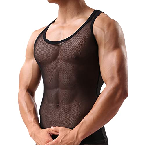 Herren Tank Top Durchsichtig Unterhemd Netzstruktur Muskelshirts Sexy Transparent T Shirt Streetstyle Netzhemd Mesh Reizwäsche Slim Shirts Unterwäsche Netzunterhemd Tanktop Netz-Clubwear von Generisch