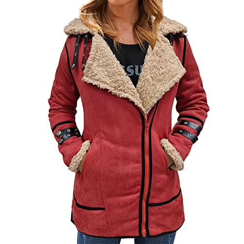 Herren Übergröße Wintermantel Reverskragen Langarm Gepolsterte Lederjacke Vintage Dicker Mantel Schaffell Jacke Damen Westernbekleidung, rot, 36 von Generisch